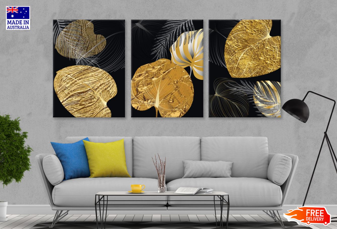 3 Set of Gold & Black Leaves Art High Quality Print 100% Australian Made Wall Canvas Ready to Hang