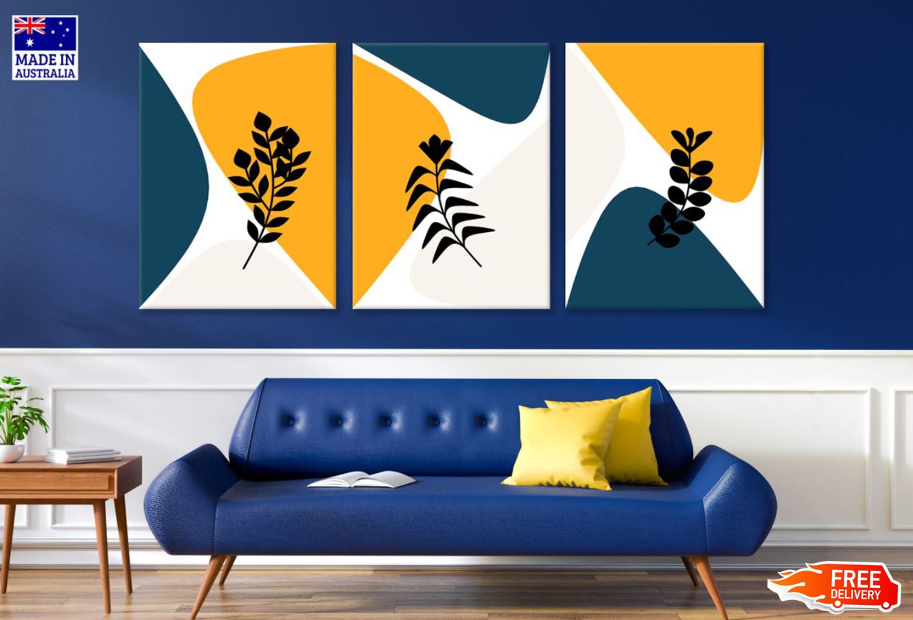 3 Set of Leaves & Abstract Shapes Blue & Orange Design High Quality Print 100% Australian Made Wall Canvas Ready to Hang