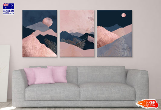 3 Set of Pink Blue Mountain View Art High Quality Print 100% Australian Made Wall Canvas Ready to Hang