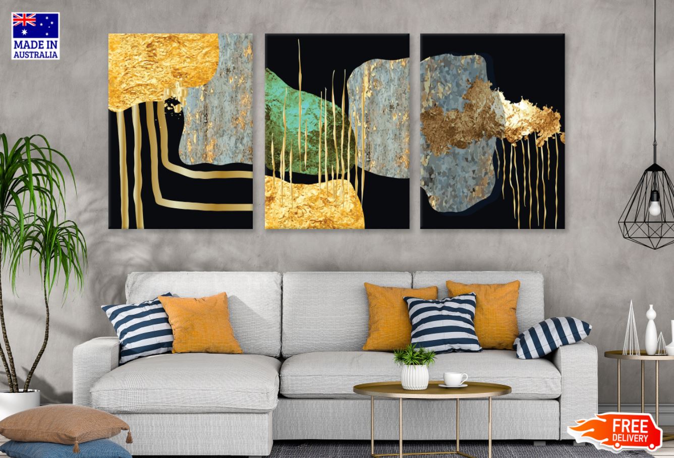 3 Set of Gold Green & Black Design High Quality Print 100% Australian Made Wall Canvas Ready to Hang