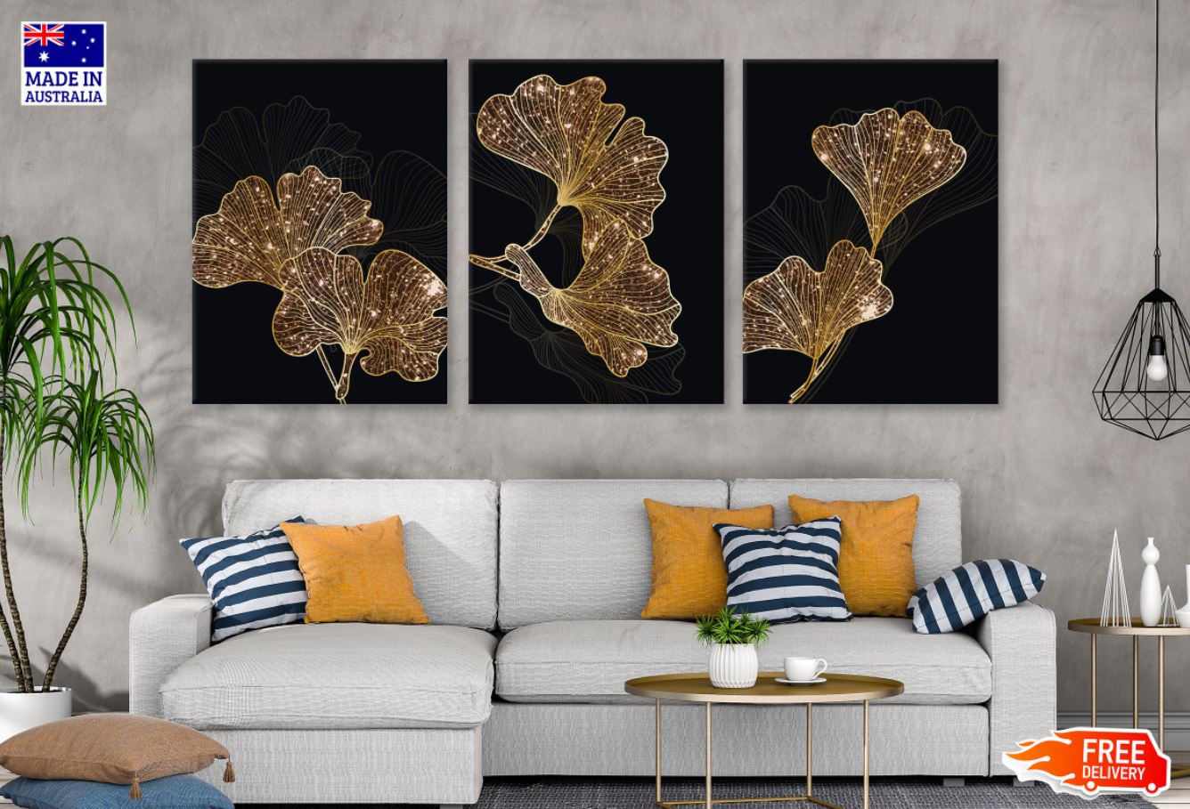 3 Set of Gold & Black Flowers Art High Quality Print 100% Australian Made Wall Canvas Ready to Hang