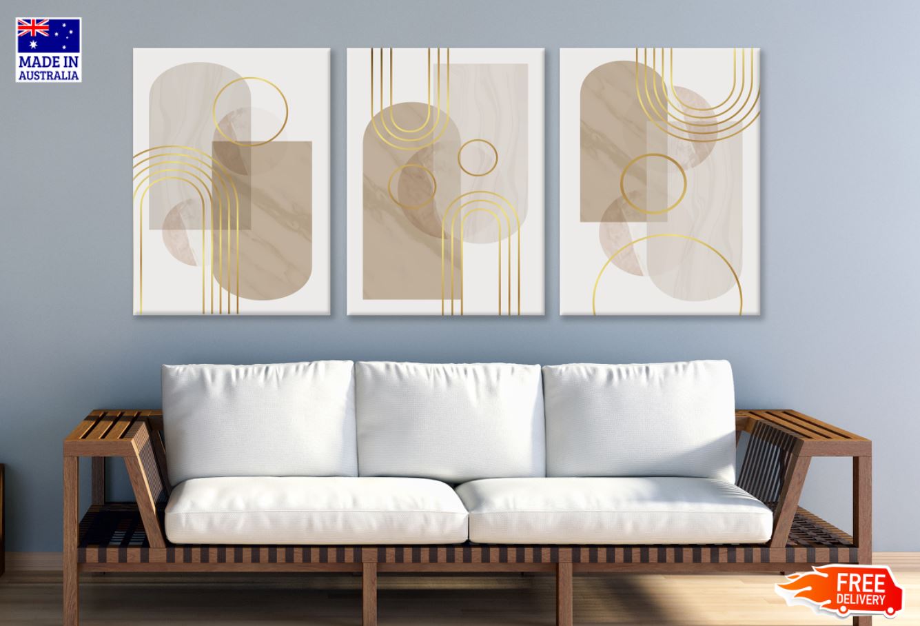 3 Set of Golden Abstract Shapes High Quality Print 100% Australian Made Wall Canvas Ready to Hang