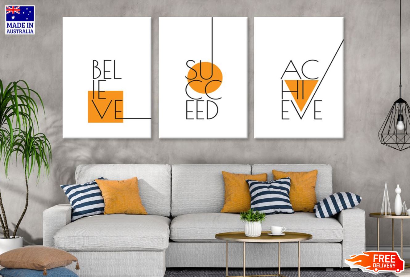 3 Set of Motivational Quotes Believe Success Achieve Black & Orange Design High Quality Print 100% Australian Made Wall Canvas Ready to Hang