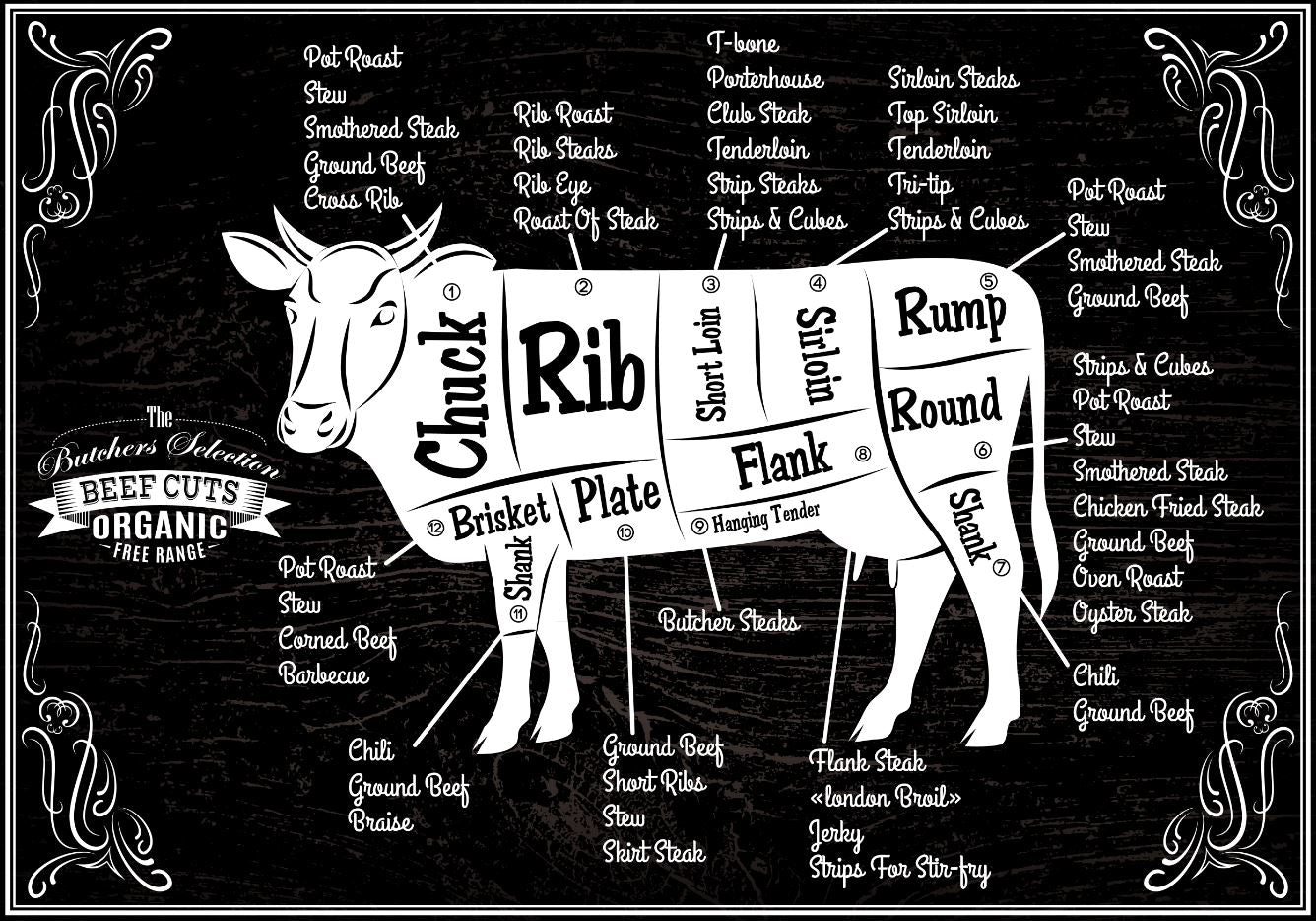 Beef Cuts Vector Drawing Design Print 100% Australian Made