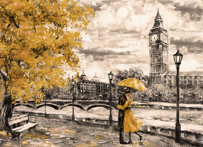 Couple Under an Yellow Umbrella in a Street of London Near Big Ben Painting Print 100% Australian Made