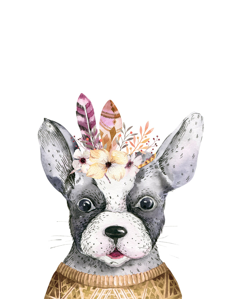Dog with Floral & Feather Headdress Watercolor Painting Print 100% Australian Made