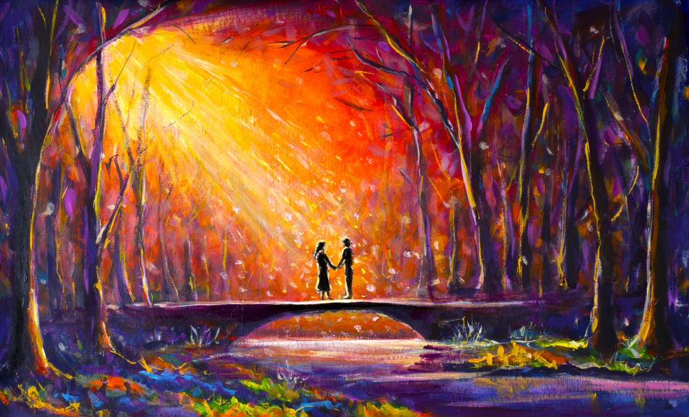 Couple on Bridge in Forest Oil Painting Print 100% Australian Made