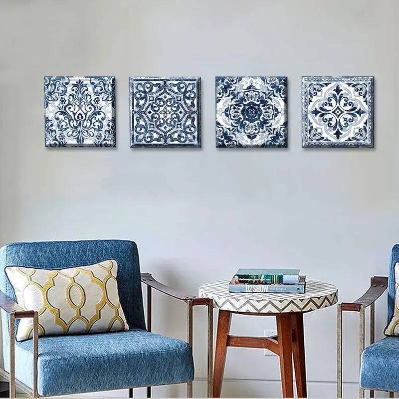 4pcs Navy Blue Floral Blue and White Patterns   Art Canvas Framed