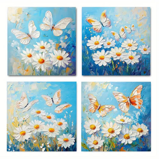 4pcs Daisy & Butterfly Floral Paintings Wall Art Canvas Framed