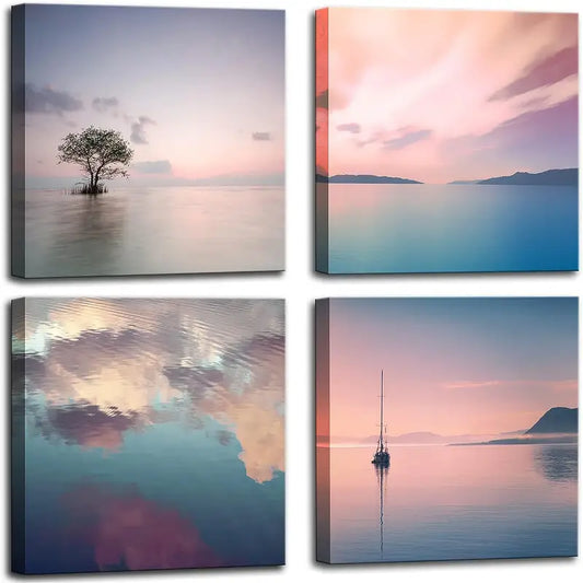 4pcs Romantic Sunset Beach Canvas Wall Art Canvas Framed
