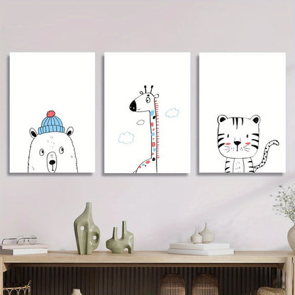 3pcs Adorable Cartoon Bear, Giraffe & Tiger with Hats Metal Print Ready to Hang Art