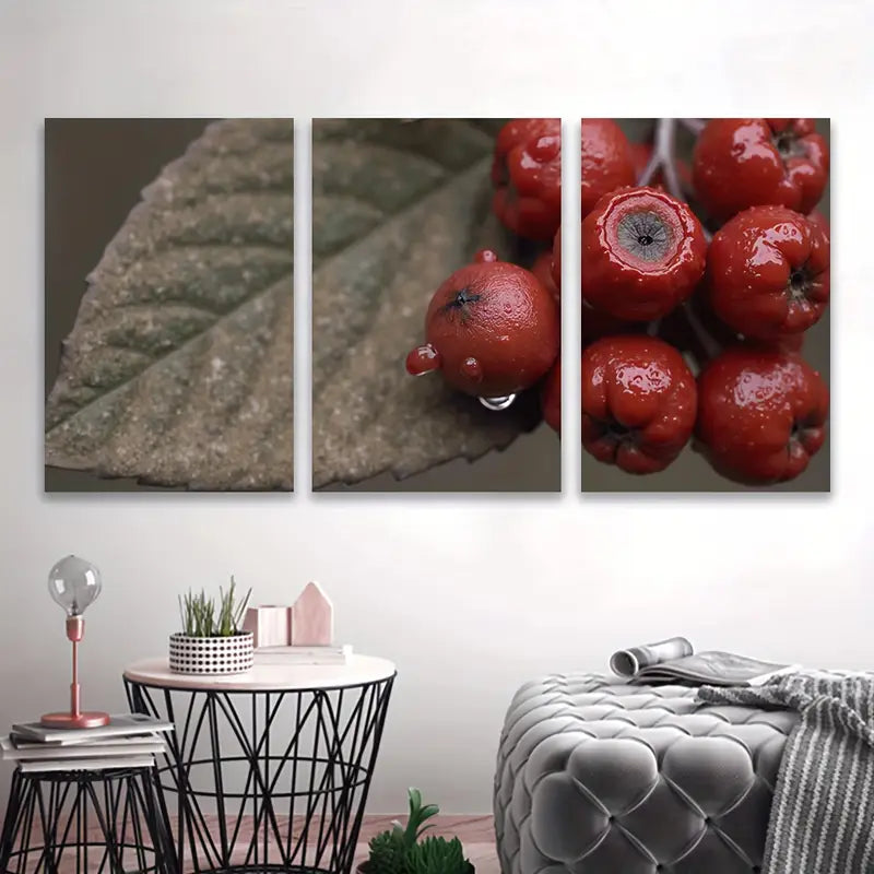 3pcs Red Berries with Water Droplets Design Wall Art Set Canvas Framed 60x90cm - High Quality Print 100% Australian Made Wall Canvas Ready to Hang