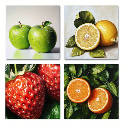 4pcs Lemon Oranges Apples Green Leaf   Wall Art Canvas Framed