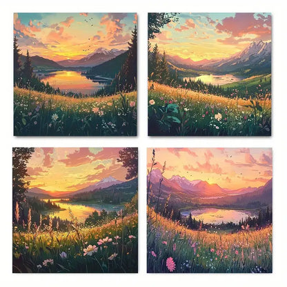 4pcs Vibrant Mountain & Wildflower Lands TT  Wall Art Canvas Framed