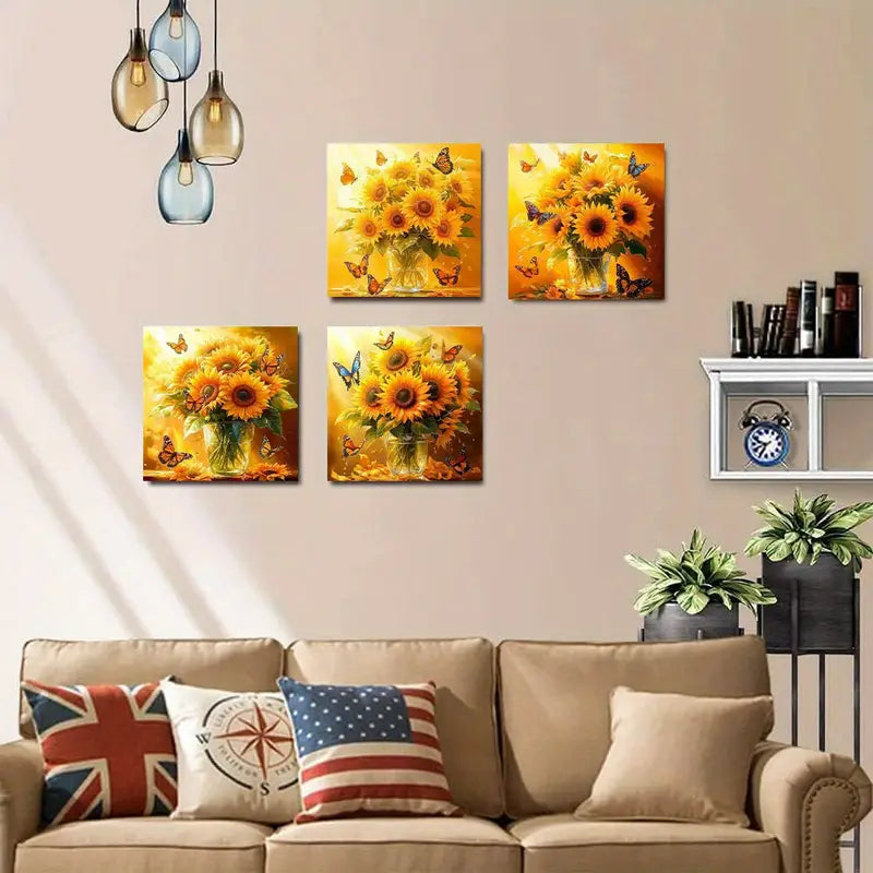 4pcs Sunflower and Butterfly Suitable  Wall Art Canvas Framed