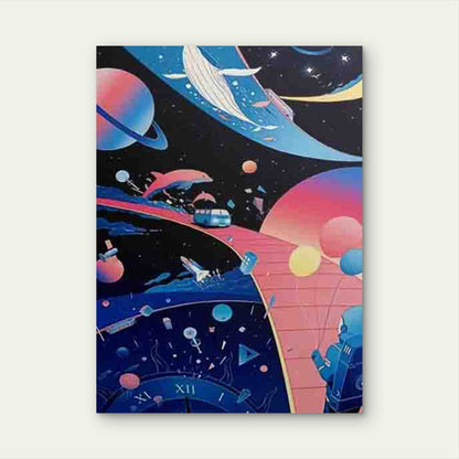 Space Whale, Planets, Rocket, Stars & Dolphin 60x90cm Metal Print Ready to Hang