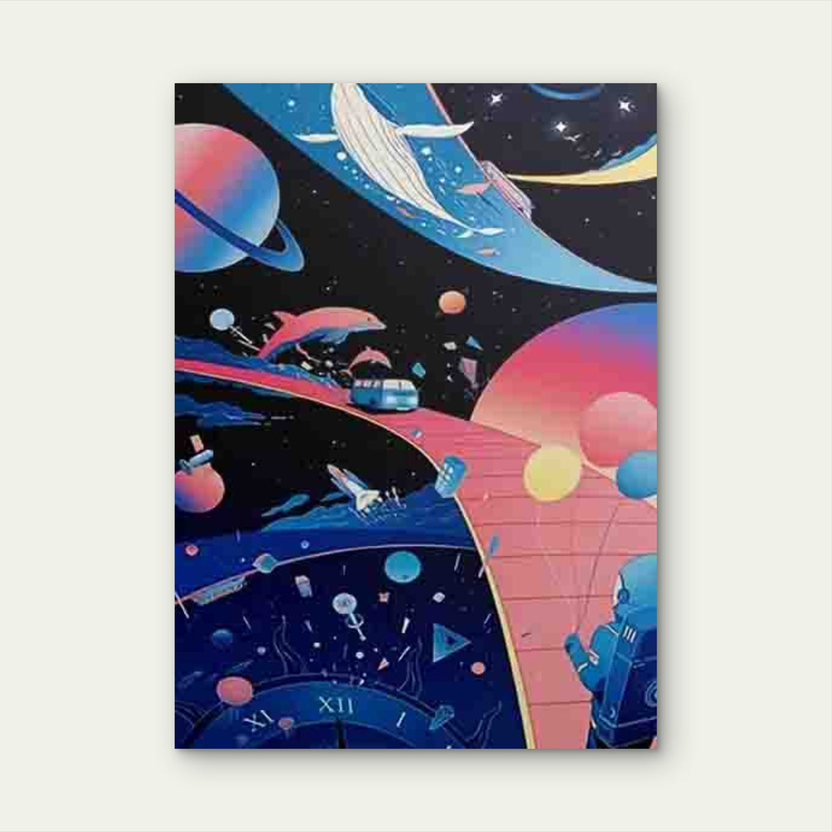 Space Whale, Planets, Rocket, Stars & Dolphin Metal Print Ready to Hang