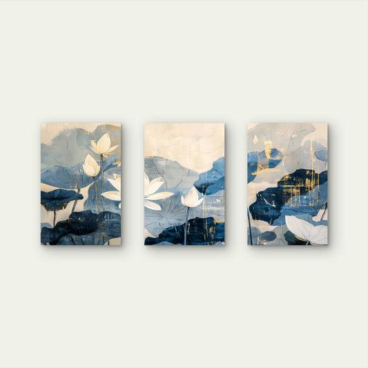 3pcs Abstract Blue Gold Lotus Flower Painting Wall Art Set Canvas Framed 50x70cm - High Quality Print 100% Australian Made Wall Canvas Ready to Hang