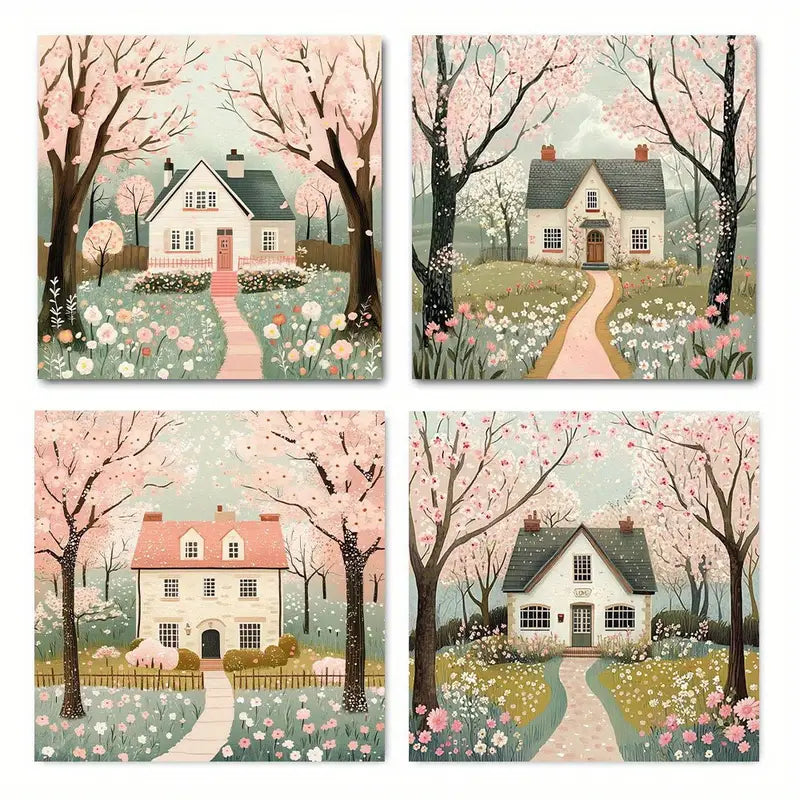 4pc House White Flowers  HWF  Wall Art Canvas Framed