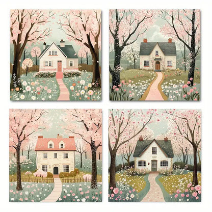 4pc House White Flowers  HWF  Wall Art Canvas Framed