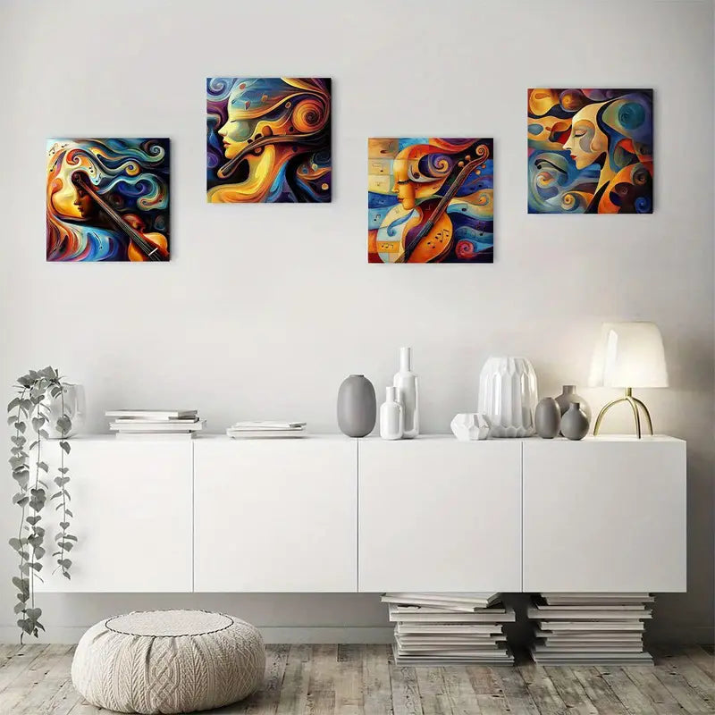 4pcs Violin & Saxophone, Colorful Swirls & Musical Notes  Wall Art Canvas Framed