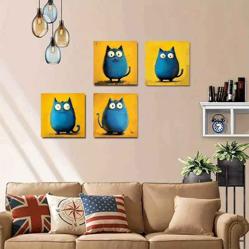 4pcs  Painting Fat Blue Cat for Living  Wall Art Canvas Framed