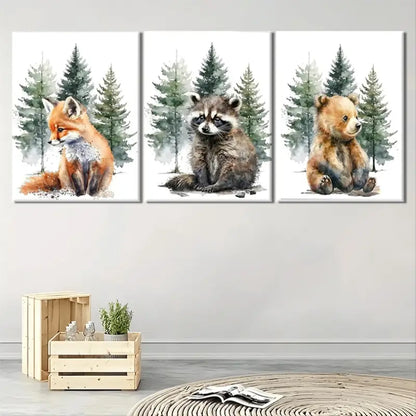 3pcs Forest Watercolor  Fox, Raccoon,Bear Painting Metal Print Ready to Hang Art