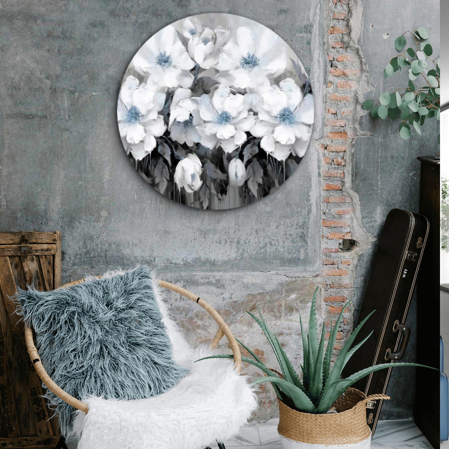 Blue Toned White Flowers Black and White Acrylic Glass Rounded Print Tempered Glass Wall Art 100% Made in Australia Ready to Hang