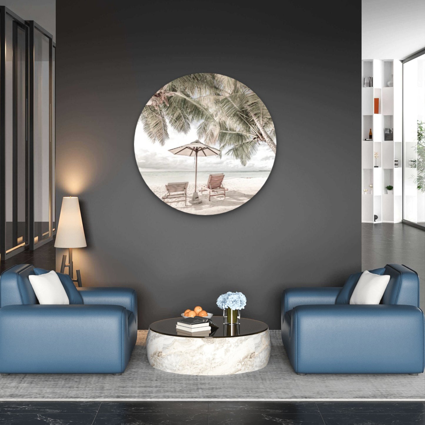 Beach Huts & Plam Trees Sea Acrylic Glass Rounded Print Tempered Glass Wall Art 100% Made in Australia Ready to Hang