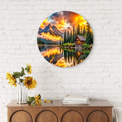 Golden Hour Sky Lake Wooden House Acrylic Glass Rounded Print Tempered Glass Wall Art 100% Made in Australia Ready to Hang