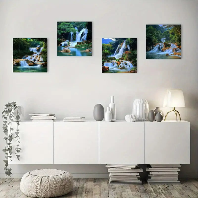 4pcs  Green Trees River Spring Tropical Forest Wall Art Canvas Framed