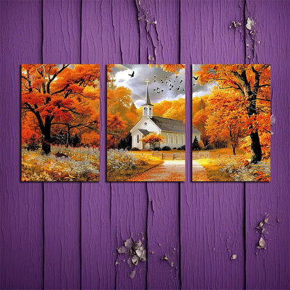 3pcs Cartoon Style Fall Landscape Metal Print Ready to Hang Art