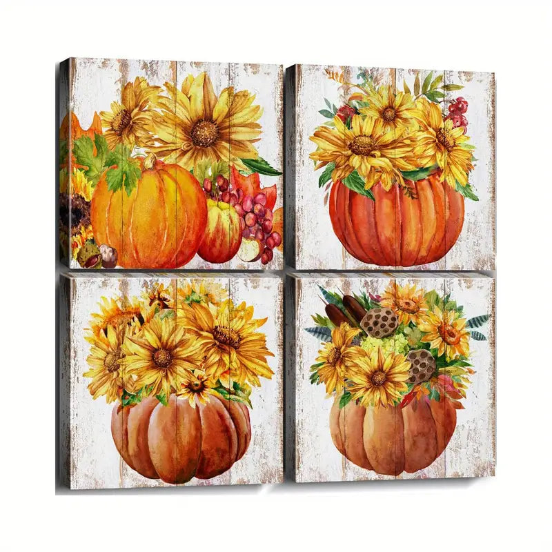 4pcs Colorful Pumpkin Sunflower Wall Art Canvas Framed