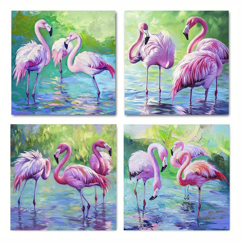 4pcs  Flamingo Lake Poster Modern Wall Art Canvas Framed