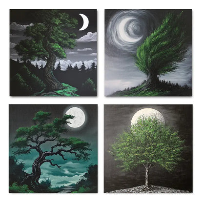 4pcs  Green Tree Full Moon Artwork GT    Wall Art Canvas Framed