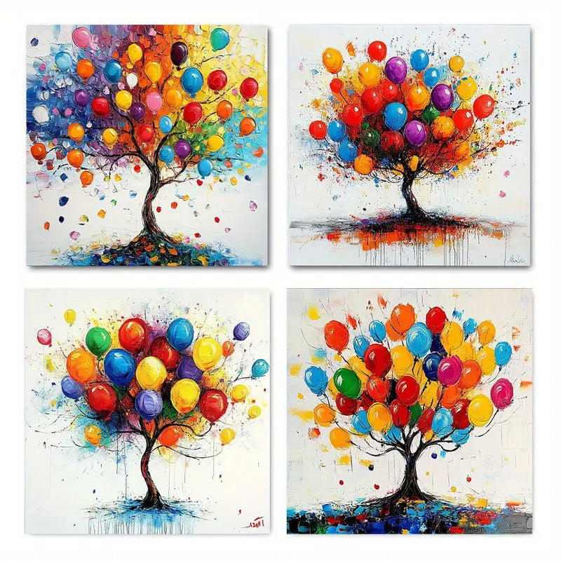4pcs Vibrant Abstract Tree & Balloon Wall Art Canvas Framed