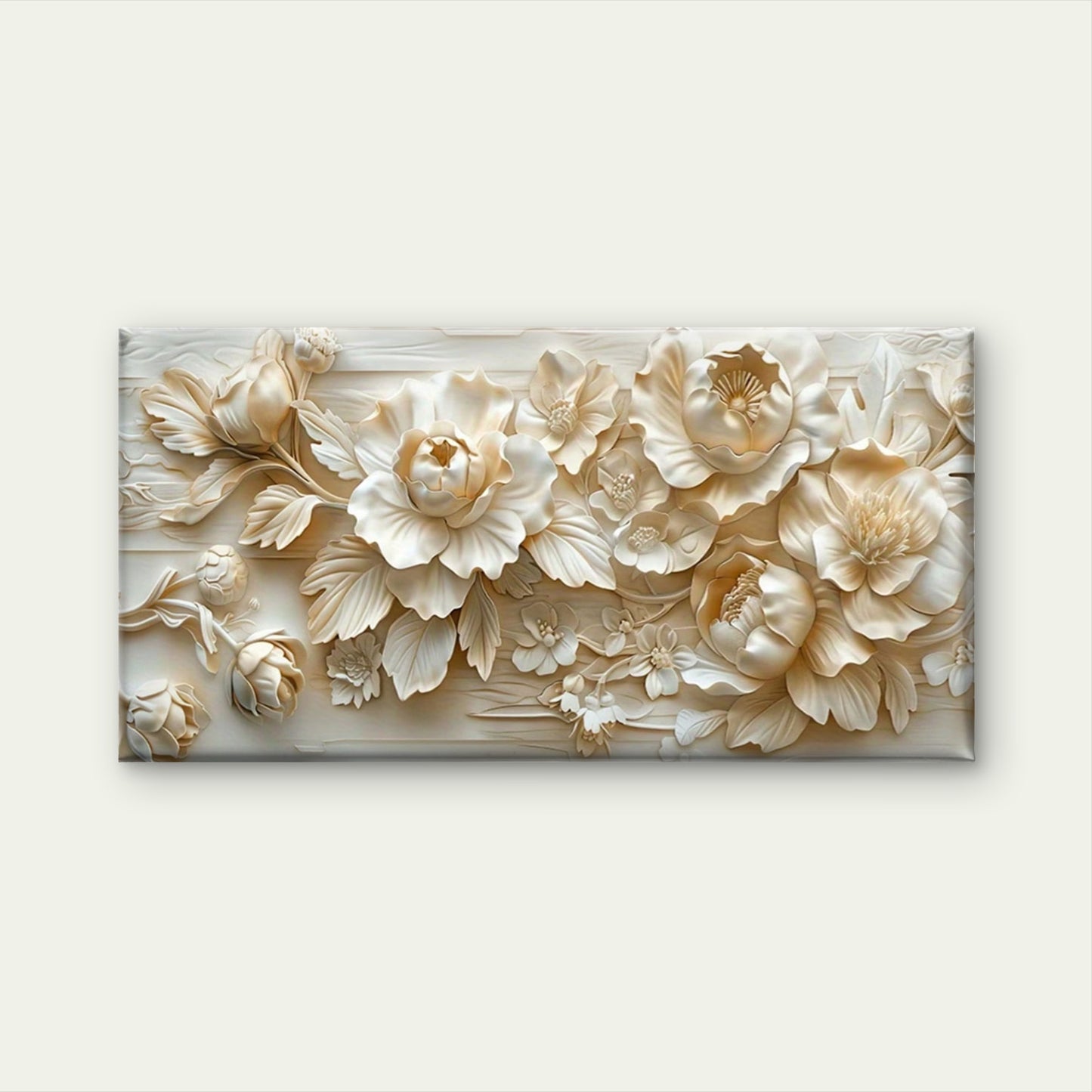 Elegant White Floral Relief Wall Art Canvas Office Home Room Framed 120x60cm