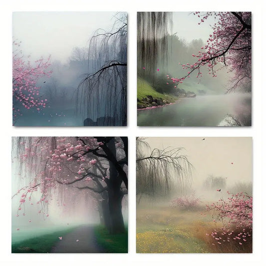 4pcs Birds And Cherry Blossom Nature Wilderness Wall Art Canvas Framed