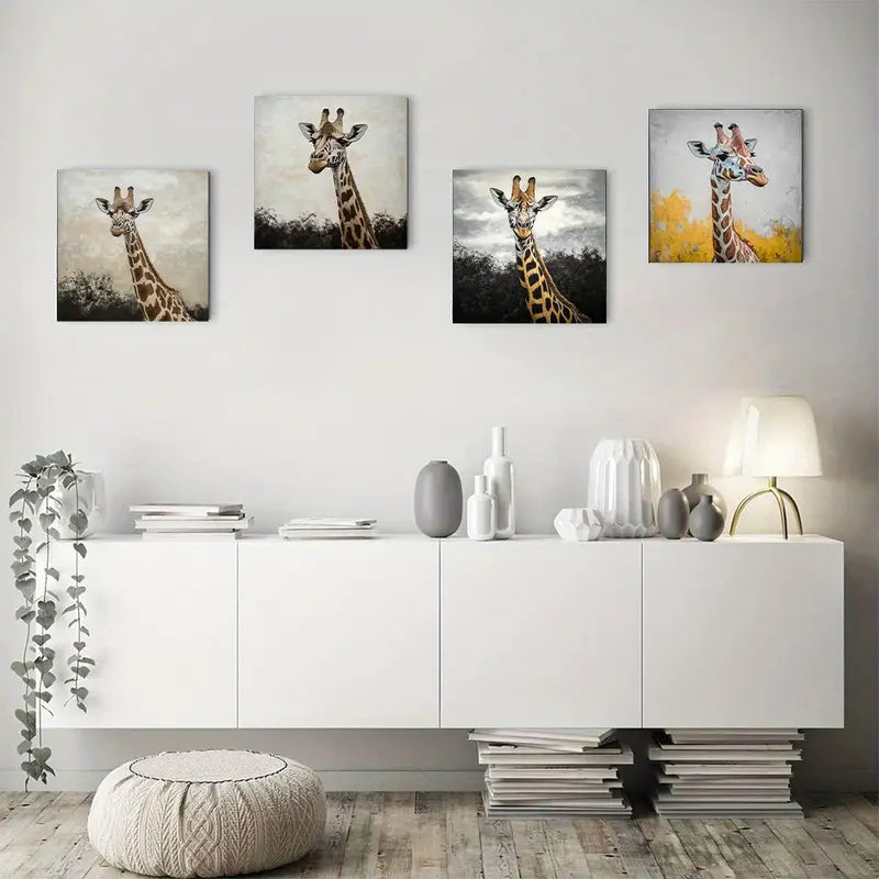 4pcs Elegant Black & White Giraffe Wildlife  Wall Art Canvas Framed