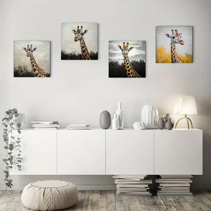 4pcs Elegant Black & White Giraffe Wildlife  Wall Art Canvas Framed