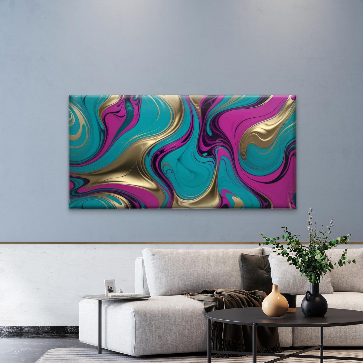 Abstract Swirling Blue Gold PinkWall Art Canvas Office Home Room Framed 120x60cm