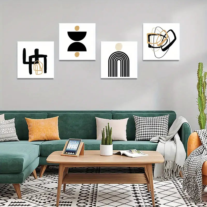 4pcs Black & Golden Abstract Wall Art Canvas Framed