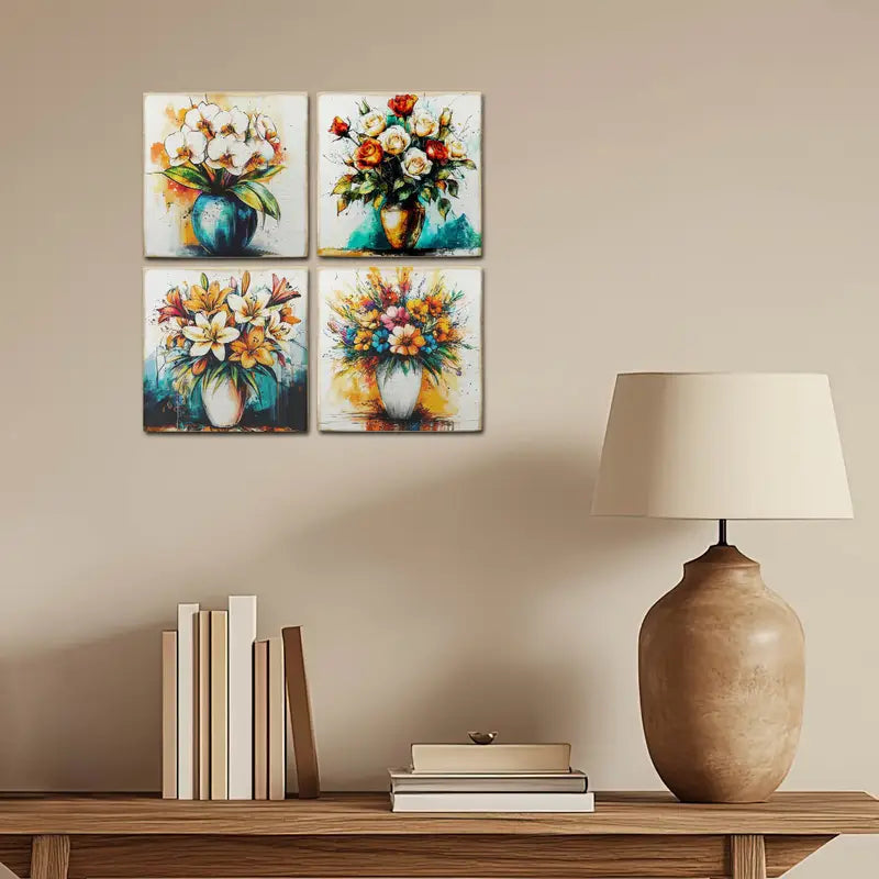 4pcs Water Colour Flower Vase Wall Art Canvas Framed