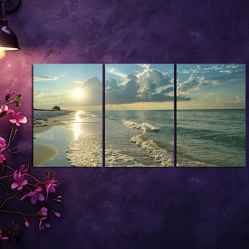 3pcs Secluded Beach at Dawn Wall Art Set Canvas Framed 50x70cm - High Quality Print 100% Australian Made Wall Canvas Ready to Hang