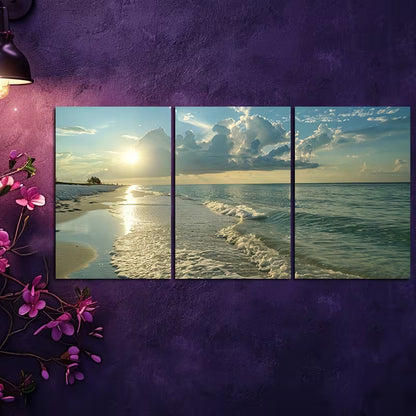 3pcs Secluded Beach at Dawn Wall Art Set Canvas Framed 60x90cm - High Quality Print 100% Australian Made Wall Canvas Ready to Hang