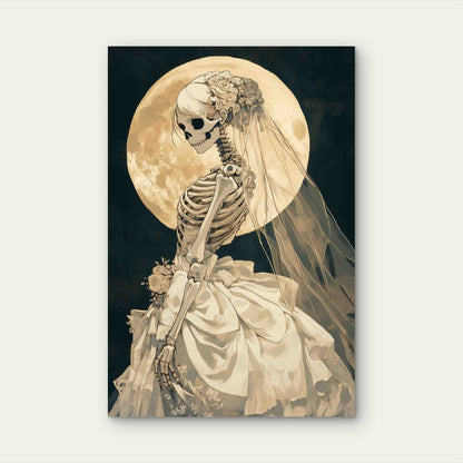 Gothic Skeleton Bride & Full Moon Metal Print Ready to Hang