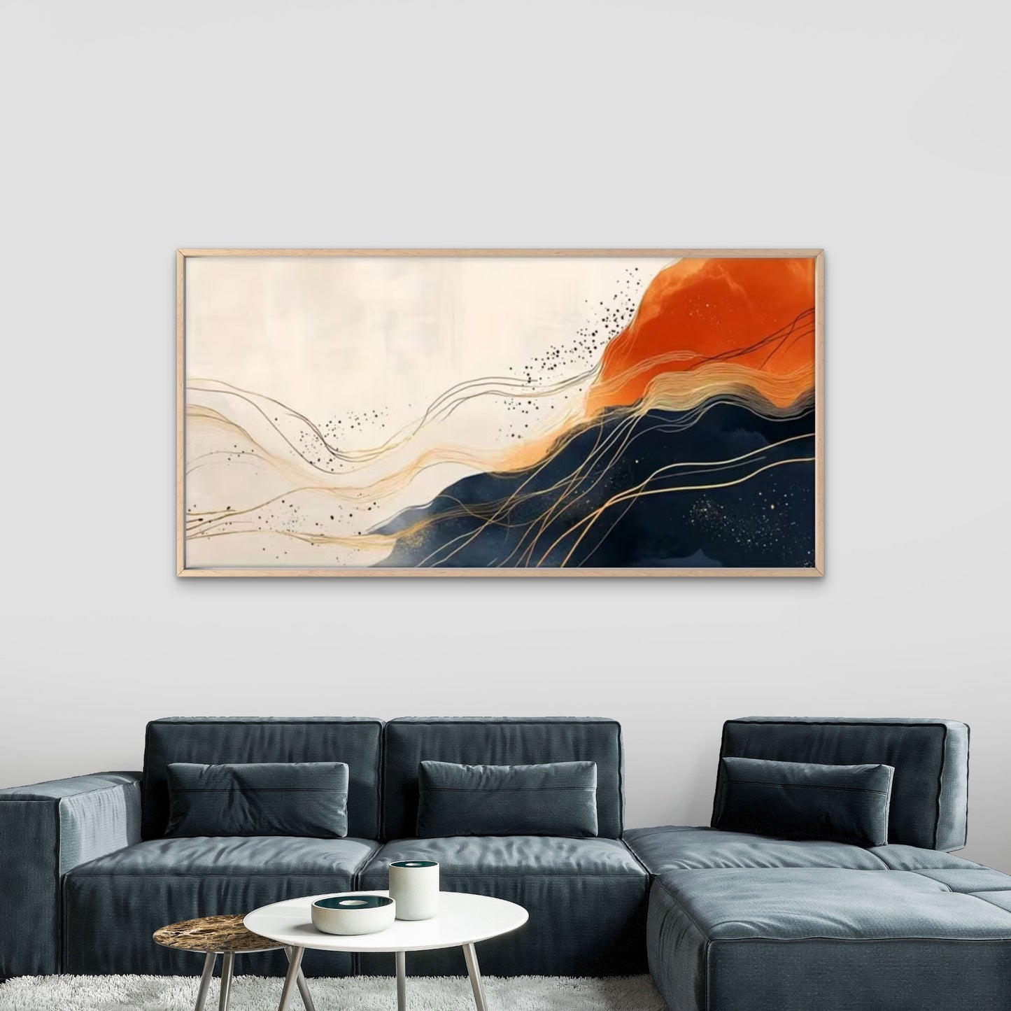 Golden Accents & Orange Clouds Wall Art Canvas Office Home Room Framed 120x60cm