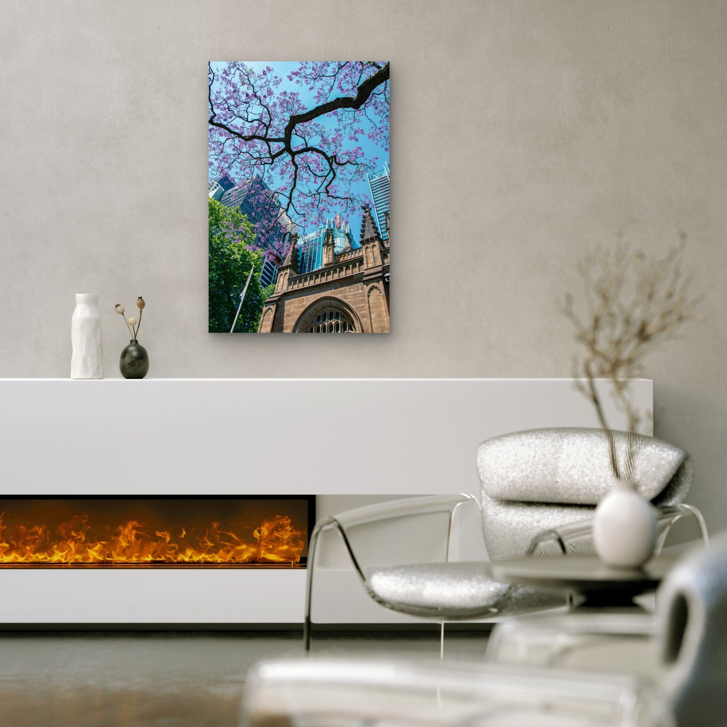 Jacaranda Tree Set Against A Cityscape 60x90cm Metal Print Ready to Hang