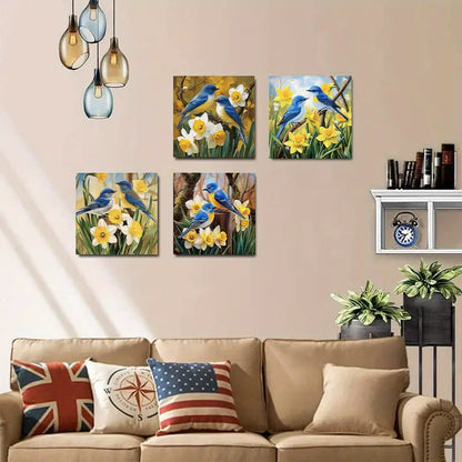 4pcs  Bluebirds and daffodils in the spring   Wall Art Canvas Framed