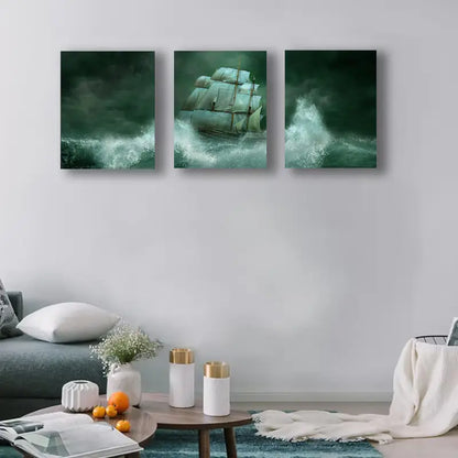 3pcs Ghost Ship At Sea, Dramatic Green Tones Metal Print Ready to Hang Art